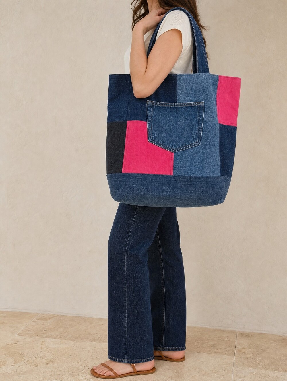 Denim patchwork tote bag